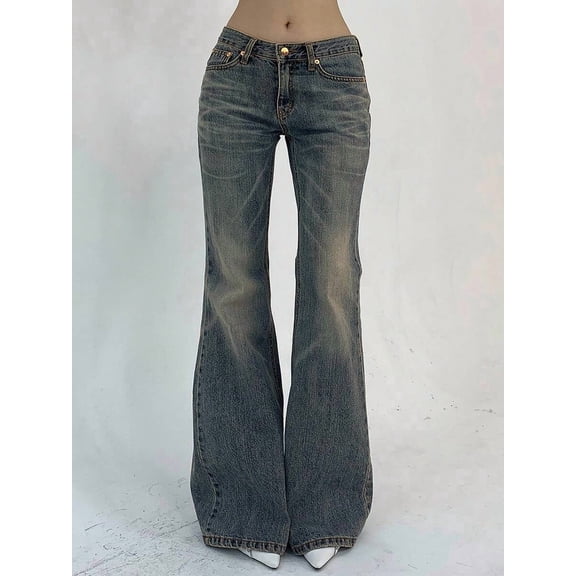 Women's Pocketed Flare Leg Trousers, Low Rise Y2K Jeans for Street Daily Wear