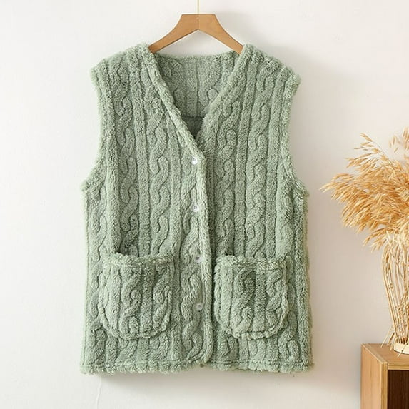 Women's Pocketed Fleece Sleeveless Jacket Vest Short Winter Button Front Solid Color
