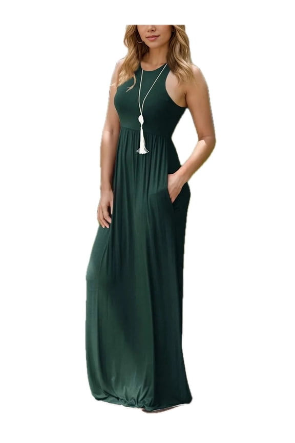 Women's Pocketed Round Neck Sleeveless Dress 95% Rayon 5% Spandex Comfortable Everyday Wear Easy Care Soft Stretch