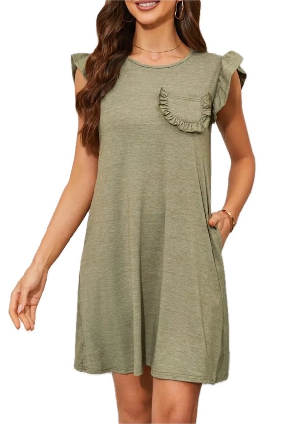 Women's Pocketed Ruffled Cap Sleeve Mini Dress with Sheer Overlay Lightweight 65% Polyester 30% Viscose 5% Elastane
