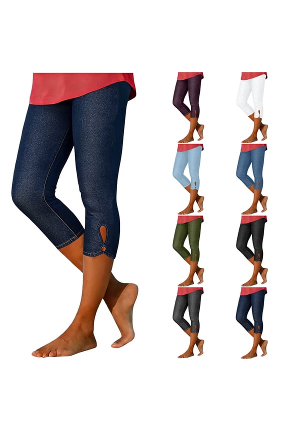 Women's Pocketless Denim-Like Cropped Leggings, Seamless Flexible Stretch Comfort Fit, Casual Gym Capris for Daily Regular | TruHer,Army Green L
