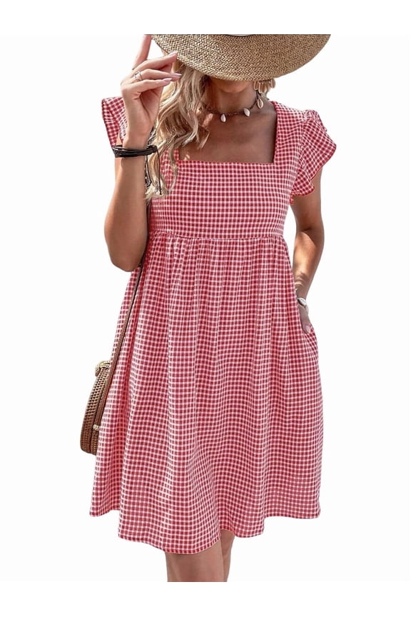 Women's Pockets Retro Plaid Square Neckline Spaghetti Strap Flounce Tea-Length Dress for Daily Wear Red & White M