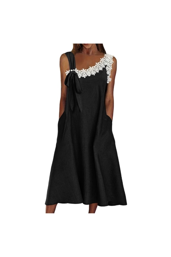 Women's Pockets Summer Casual Midi Dress One Shoulder White Lace Floral Applique Dress with Bow Design Elegant Fashion for All Occasions