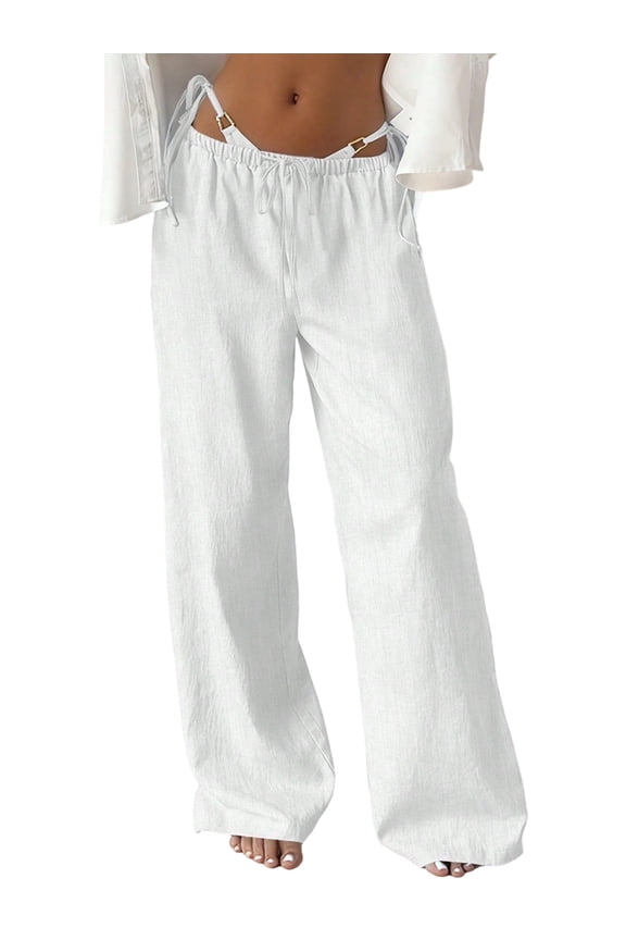 Women's Pockets Wide Leg Pant Stretch Palazzo Flowy Loose Trouser Pants for Beach Summer White - In Stock L