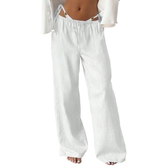 Women's Pockets Wide Leg Pant Stretch Palazzo Flowy Loose Trouser Pants for Beach Summer White - In Stock S
