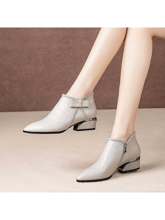 Women's Pointed Toe Ankle Booties Side Zip Low Block Heel Pull On Croc Embossed Leather Bow Decor for Office Commute Elegant Matching Beige 36