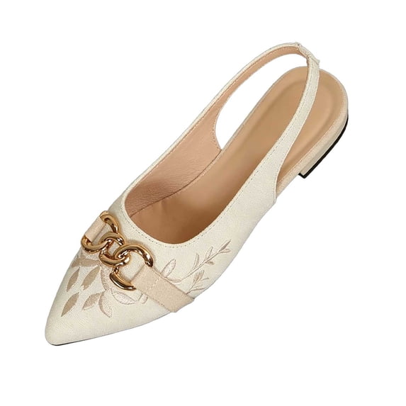 Women's Pointed Toe Closed Toe Flat Sandals Soft Sole Embroidered Floral Casual Shoes Versatile Spring Summer Single Shoes Beige 7(39)