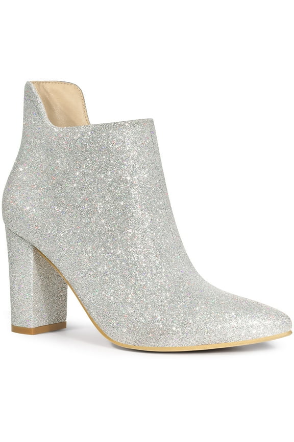 Women's Pointed Toe Cutout Block Heels Glitter Ankle Booties
