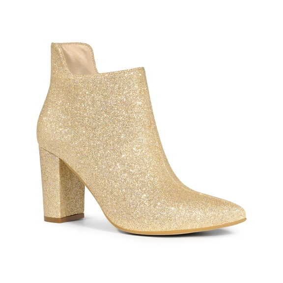 BLISSFUL STEP Women's Pointed Toe Cutout Block Heels Glitter Ankle Booties