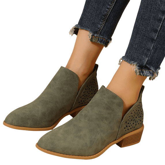 Women's Pointed Toe Cutout Rivet Low Heeled Boots Chelsea Boots