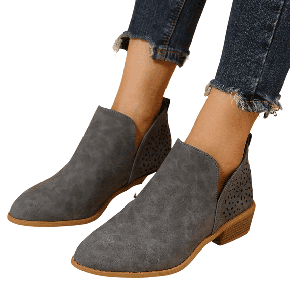 Women's Pointed Toe Cutout Rivet Low Heeled Boots Chelsea Boots