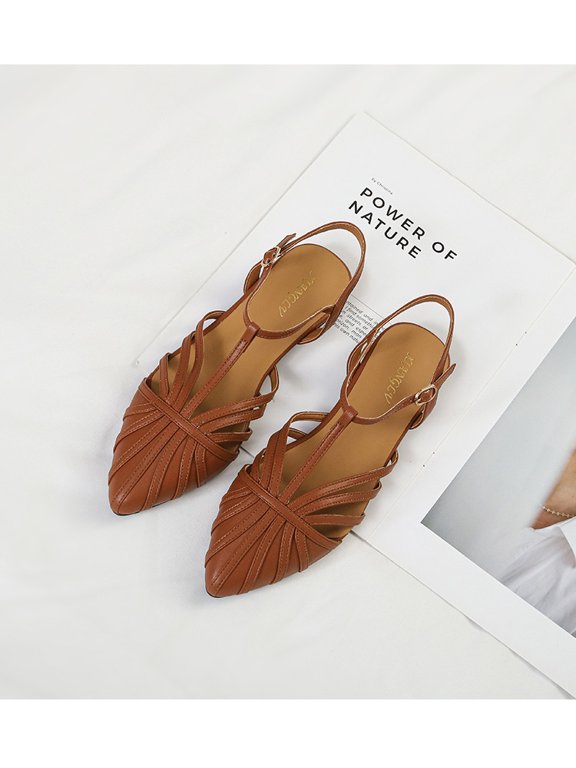 Women's Pointed Toe Cutout Slingback Sandals, 2cm Low Heel Soft PU Leather Casual Dress Sandals