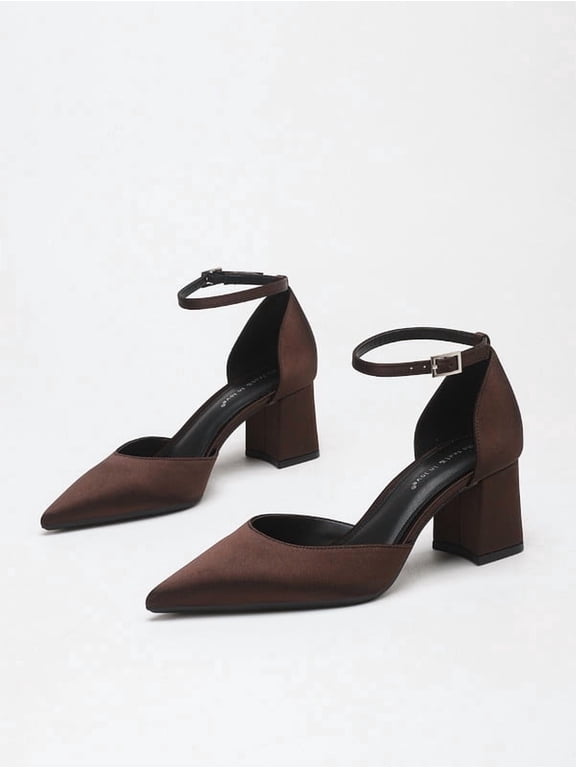 Women's Pointed Toe D'Orsay Adjustable Ankle Strap Block Heel Satin Dress Pumps for Bridal Wedding Party Office Daily Wear