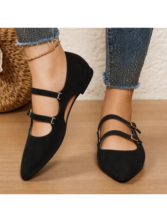 Women’s Pointed Toe Double Strap Mary Jane Flats, Suede Slip‑On Flat Shoes, Adjustable Buckle Casual Dress Shoes, Comfortable Walking Shoes