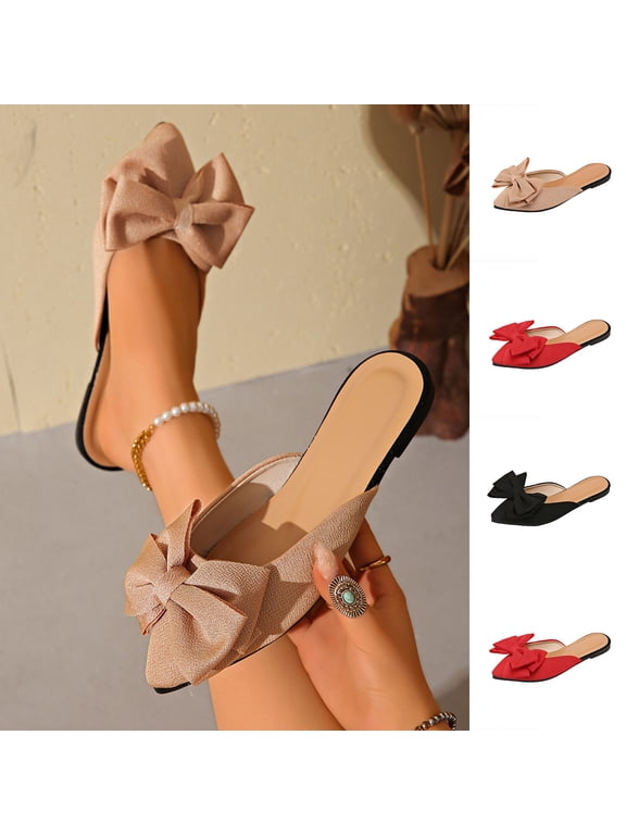 Women's Pointed Toe Flat Mules, Breathable Bow-Knot Half Slides, Wide Width Slip-On Sandals for Daily Wear, Vacation, Shopping - Beige/Red/Black