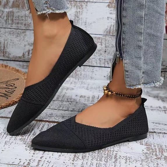 Women's Pointed Toe Flats Breathable Knit Ballet Flats with Arch Support Comfortable Dressy Slip On Shoes for Work Office Lightweight Washable Walking Black 41