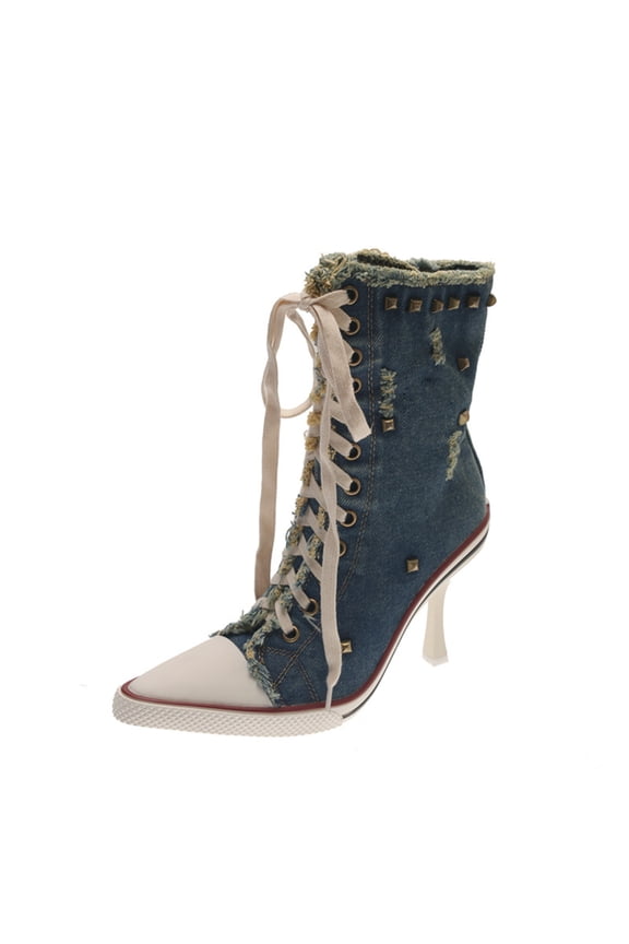 Women’s Pointed Toe High Heel Canvas Boots, Fashion Dress Boots for Casual Outfits