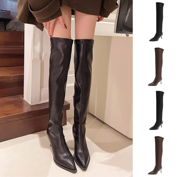 Women's Pointed Toe Knee High Boots, Slim Stiletto Heel Soft Leather Tall Boots, Side Zipper Elegant Dress Boots Brown 9(42)