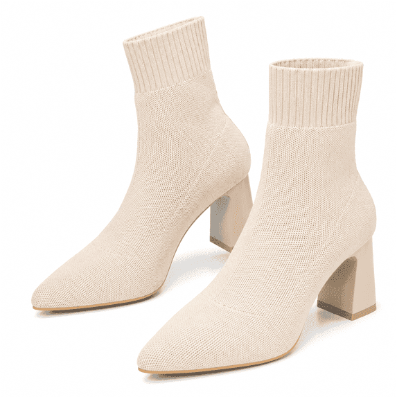 Women's Pointed Toe Knit Ankle Boots Block Heel Slip On Winter Casual Shoes