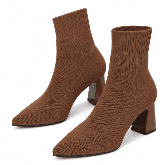 Women's Pointed Toe Knit Ankle Boots Block Heel Slip On Winter Casual Shoes
