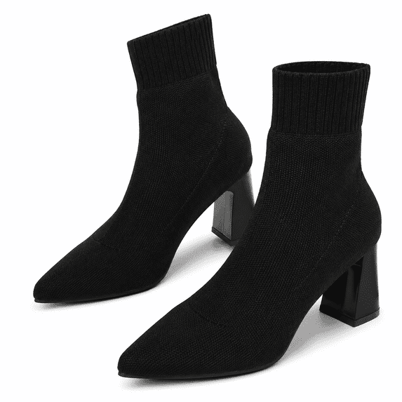 Women's Pointed Toe Knit Ankle Boots Block Heel Slip On Winter Casual Shoes