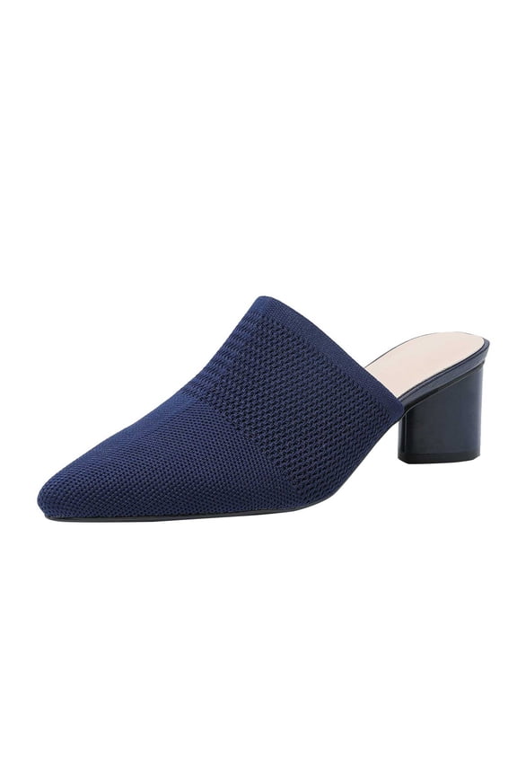 Women's Pointed Toe Knit Mules Block Heel Closed-Toe Slip-On Breathable Casual Footwear Blue 38