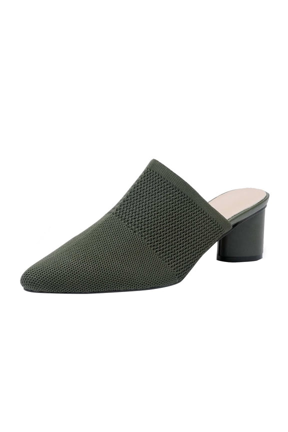 Women's Pointed Toe Knit Mules Block Heel Closed-Toe Slip-On Breathable Casual Footwear Green 43