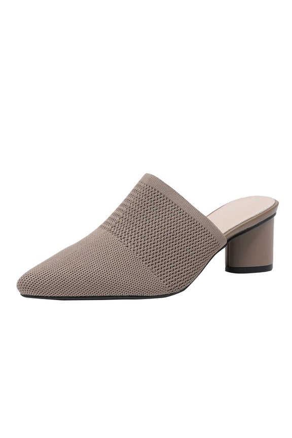 Women's Pointed Toe Knit Mules Block Heel Closed-Toe Slip-On Breathable Casual Footwear Khaki 35