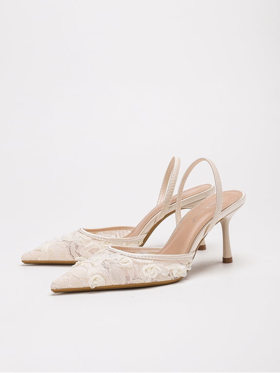 Women's Pointed Toe Lace Floral Decor Double Strap Slingback Stiletto High Heel Dress Sandals for Wedding Party Daily Occasions