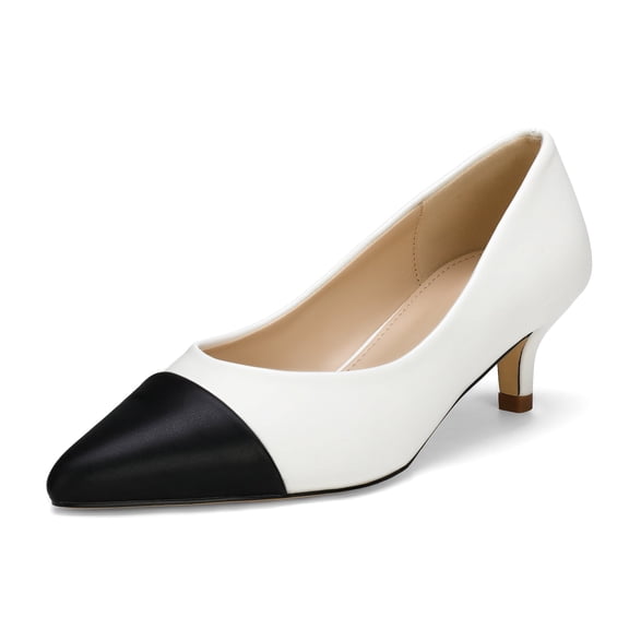 Women’s Pointed Toe Low Kitten Heel Pumps, Classic Office Dress Shoes with Faux Leather Cap Toe, Comfortable Work Heels
