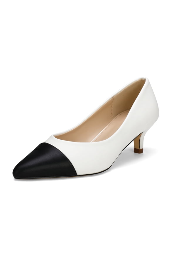 Women’s Pointed Toe Low Kitten Heel Pumps, Classic Office Dress Shoes with Faux Leather Cap Toe, Comfortable Work Heels