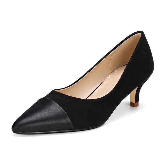 Women’s Pointed Toe Low Kitten Heel Pumps, Classic Office Dress Shoes with Faux Leather Cap Toe, Comfortable Work Heels
