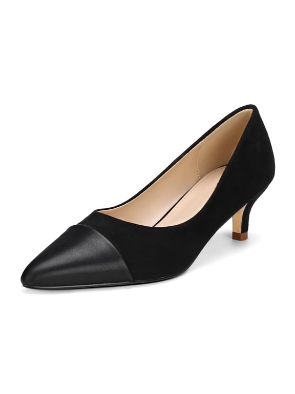 Women’s Pointed Toe Low Kitten Heel Pumps, Classic Office Dress Shoes with Faux Leather Cap Toe, Comfortable Work Heels