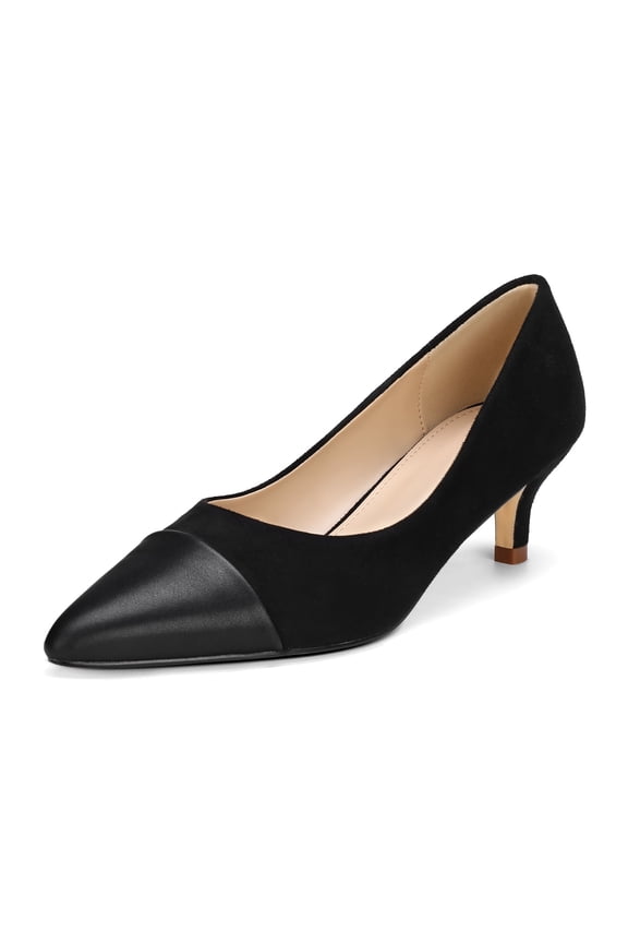 Women’s Pointed Toe Low Kitten Heel Pumps, Classic Office Dress Shoes with Faux Leather Cap Toe, Comfortable Work Heels