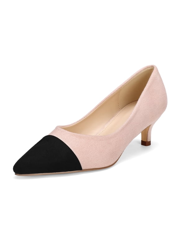 Women’s Pointed Toe Low Kitten Heel Pumps, Classic Office Dress Shoes with Faux Leather Cap Toe, Comfortable Work Heels