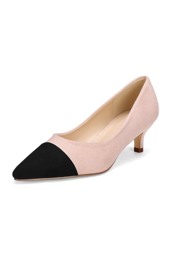 Women’s Pointed Toe Low Kitten Heel Pumps, Classic Office Dress Shoes with Faux Leather Cap Toe, Comfortable Work Heels