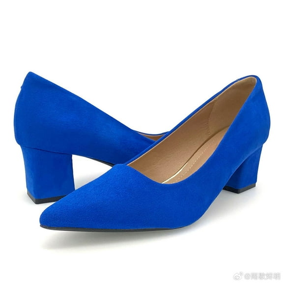 Women's Pointed Toe Pumps, 2 Inches Slip On Low Chunky Block Heels, Padded Latex Cushion, Blue,Size 9
