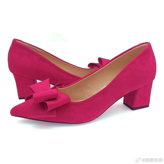 Women's Pointed Toe Pumps, 2 Inches Slip On Low Chunky Block Heels, Padded Latex Cushion, Pink Bows, Size 7.5