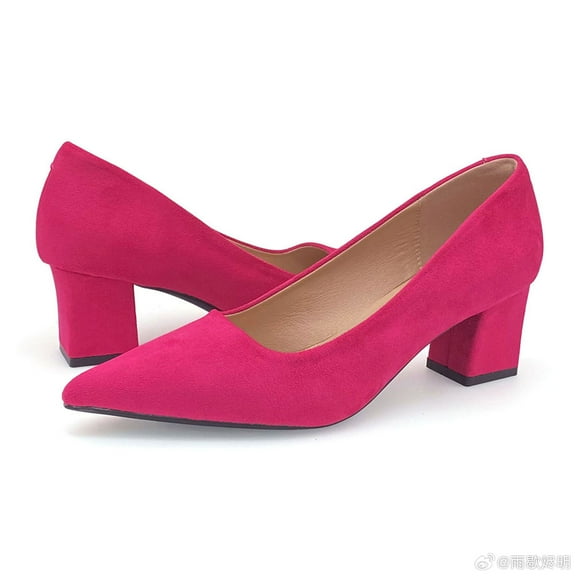 Women's Pointed Toe Pumps, 2 Inches Slip On Low Chunky Block Heels, Padded Latex Cushion, Pink,Size 9