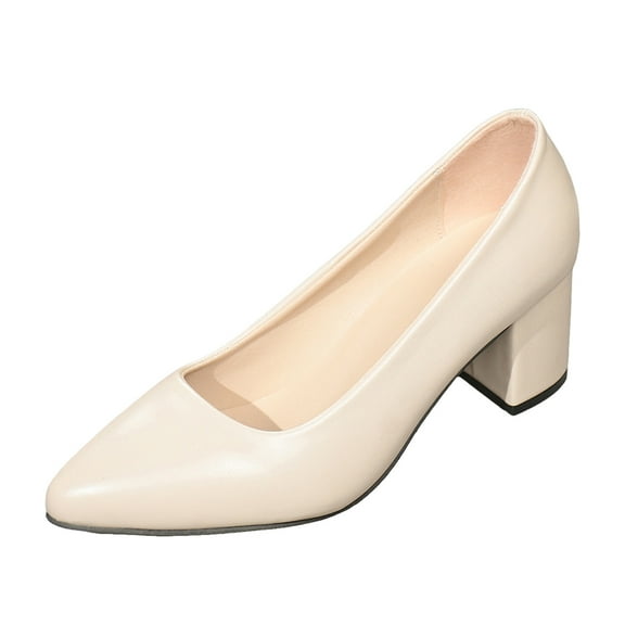 Women's Pointed Toe Pumps Leather Chunky Block Low Heels Dressy Shoes Comfortable Slip On Wedding Bride Shoes
