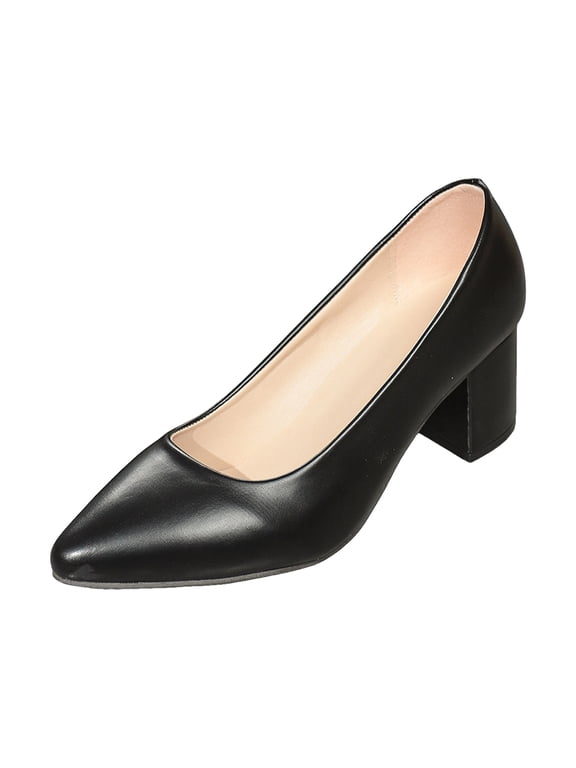 Women's Pointed Toe Pumps Leather Chunky Block Low Heels Dressy Shoes Comfortable Slip On Wedding Bride Shoes