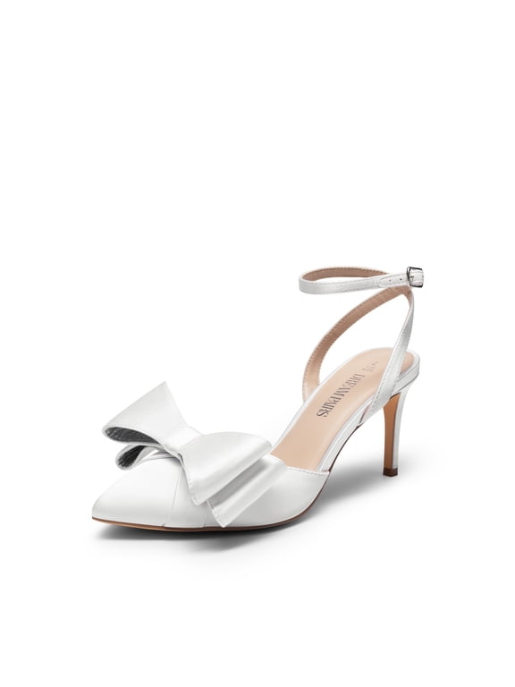 Women’s Pointed Toe Pumps Satin Stiletto Heels With Bow and Rhinestone