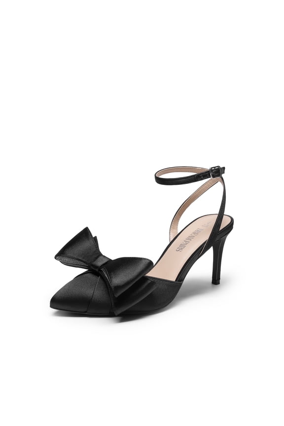Women’s Pointed Toe Pumps Satin Stiletto Heels With Bow and Rhinestone
