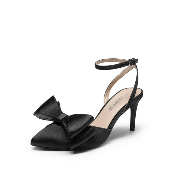 Women’s Pointed Toe Pumps Satin Stiletto Heels With Bow and Rhinestone