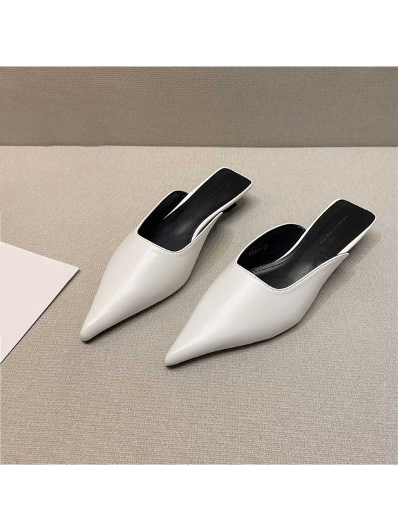 Women's Pointed Toe Slide Slippers, High Heel Half- Casual Sandals,White,US:6