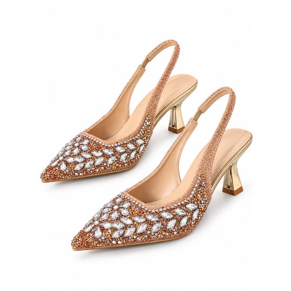 Crystal Toe Women's Pointed Toe Slingback Heels, Champagne Gold Marquise Crystal ...
