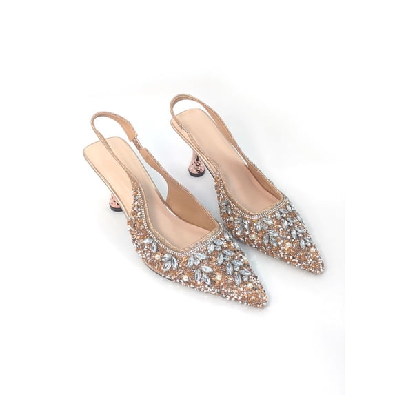 Crystal Toe Women's Pointed Toe Slingback Heels, Rose Gold Glitter Crystal ...