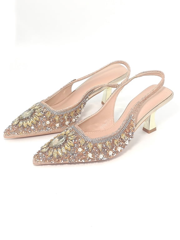 Women's Pointed Toe Slingback High Heels, Champagne Gold Sparkling Crystal Rhinestone Pearl Beaded Pumps, Formal Dress Heeled Sandals for Wedding Prom Evening Party