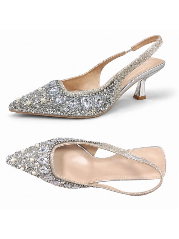 Women's Pointed Toe Slingback Kitten Heels, Champagne Gold Rhinestone Pearl Beaded Pumps, Low Block Heel Sparkly Formal Dress Shoes for Wedding Prom Evening Party