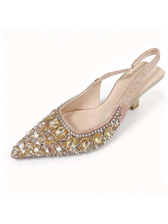 Women's Pointed Toe Slingback Kitten Heels, Champagne Gold Rhinestone Pearl Beaded Pumps, Low Block Heel Sparkly Formal Dress Shoes for Wedding Prom Evening Party
